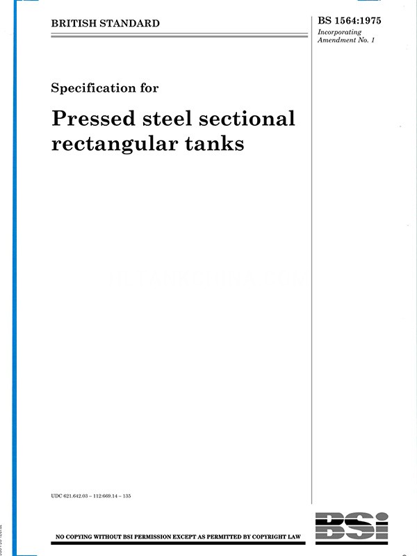 British Standard Document BS 1564:1975 for steel water tank