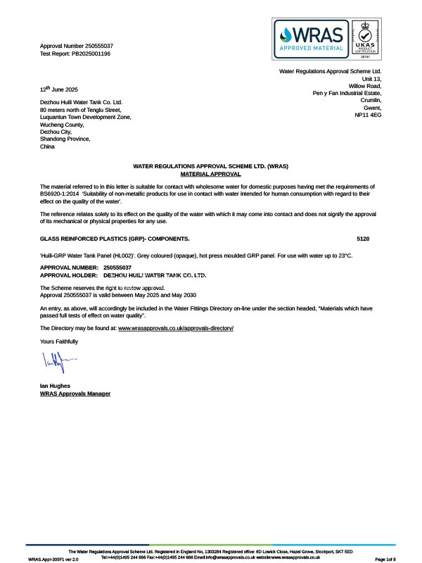 BS 6920-1:2014 WRAS certificate for drinking water